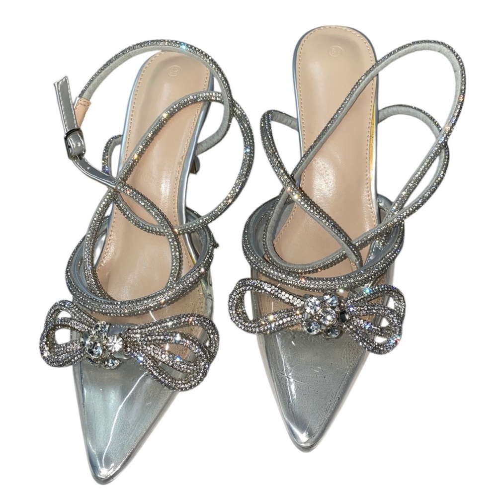 Rhinestones Bow Ankle Strap Slingback Pointed Toe Stiletto Pumps Size 8.5
